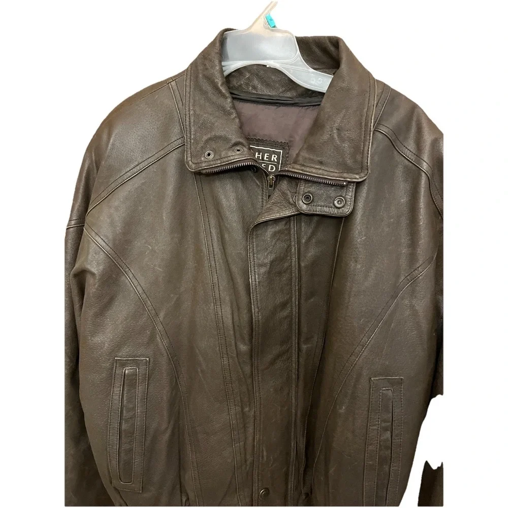 Leather Limited Men's Size L Brown Leather Bomber Jacket Zips & Snaps Zip Front